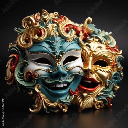 Ornate Gold Comedy and Tragedy Mask for Theatrical Arts
