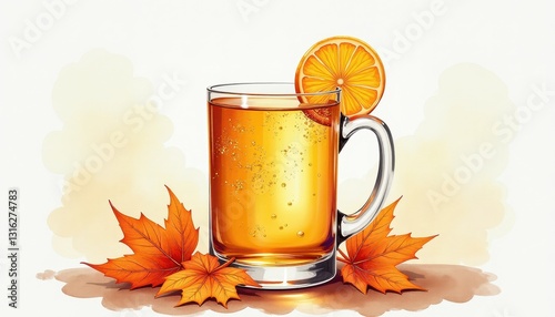 GoldenHued Tea Illustration with Vibrant Autumn Leaves. A glass of beer with a slice of  and autumn leaves. photo