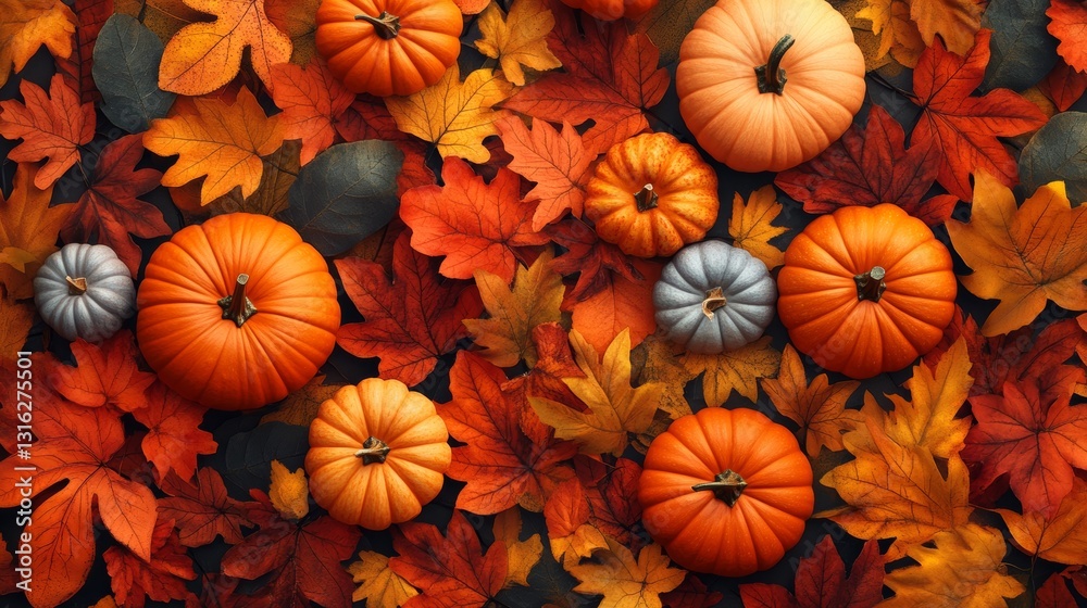 Cozy Autumn Pattern with Pumpkins and Bright Fall Leaves Background