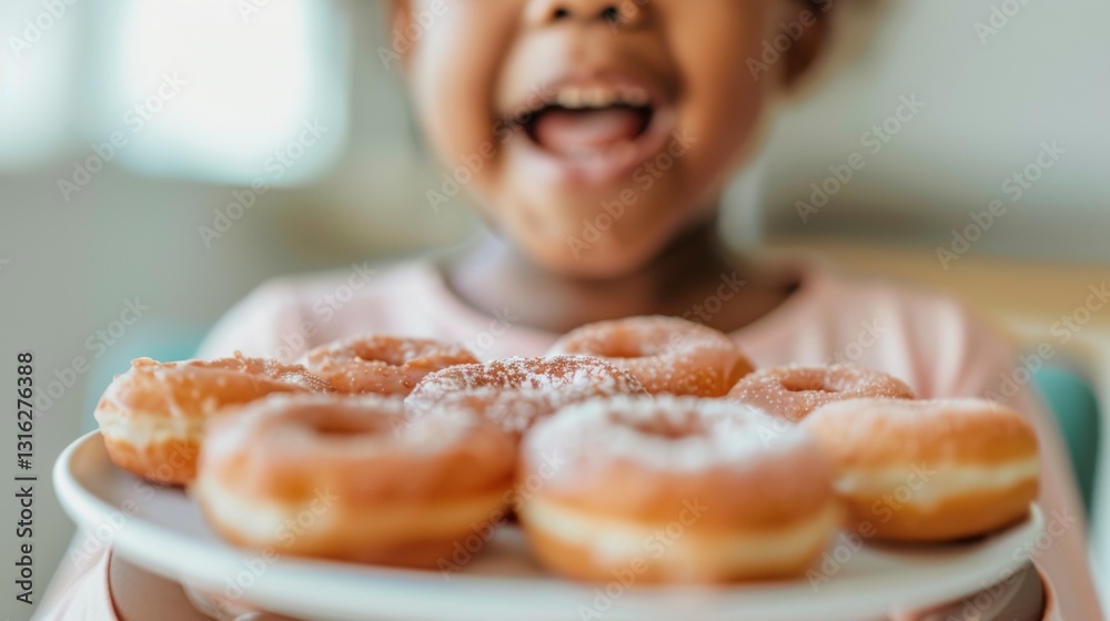 A young child holding a plate of doughnuts. A young child holding a plate of doughnuts.