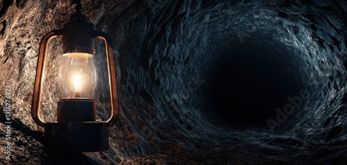 Cave lamp on a rock, with a tunnel and dark, glowing in an exploration moment