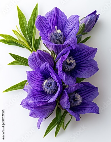 Medicinal scutellaria baicalensis, characterized by purple flowers and green leaves, is presented in isolation on a plain white background