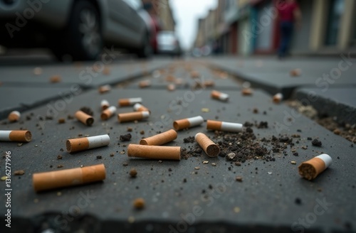 Urban litter problem: cigarette butts scattered on city street