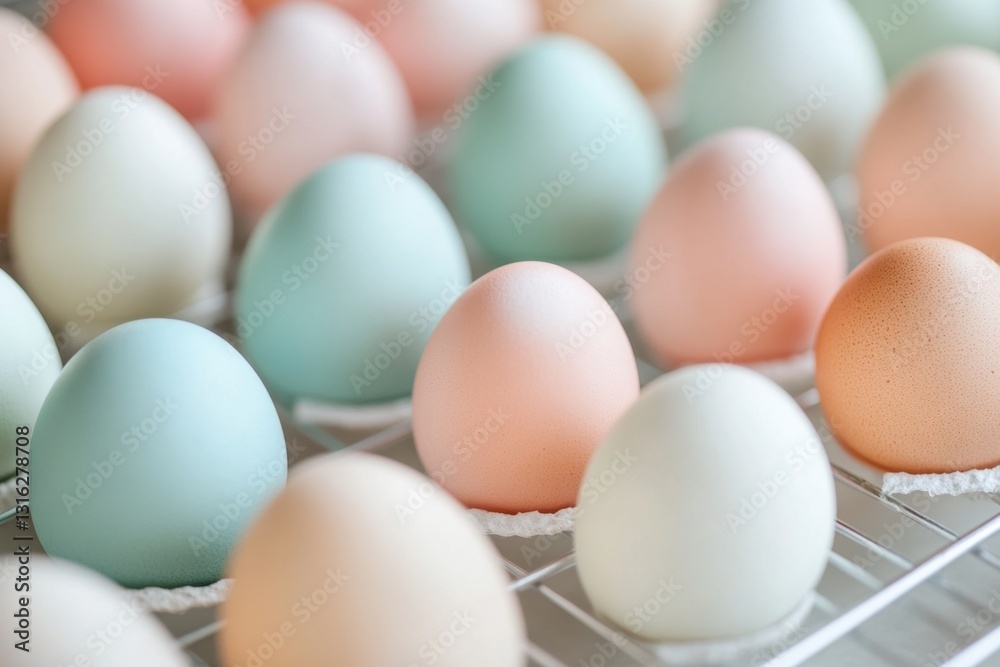 Pastel-colored eggs nestled in a metal rack, creating a soft, springtime feel. The eggs have a subtle, matte finish that enhances their beauty. Pastel-colored eggs nestled in a metal rack, creating a soft, springtime feel. The eggs have a subtle, matte finish that enhances their beauty.