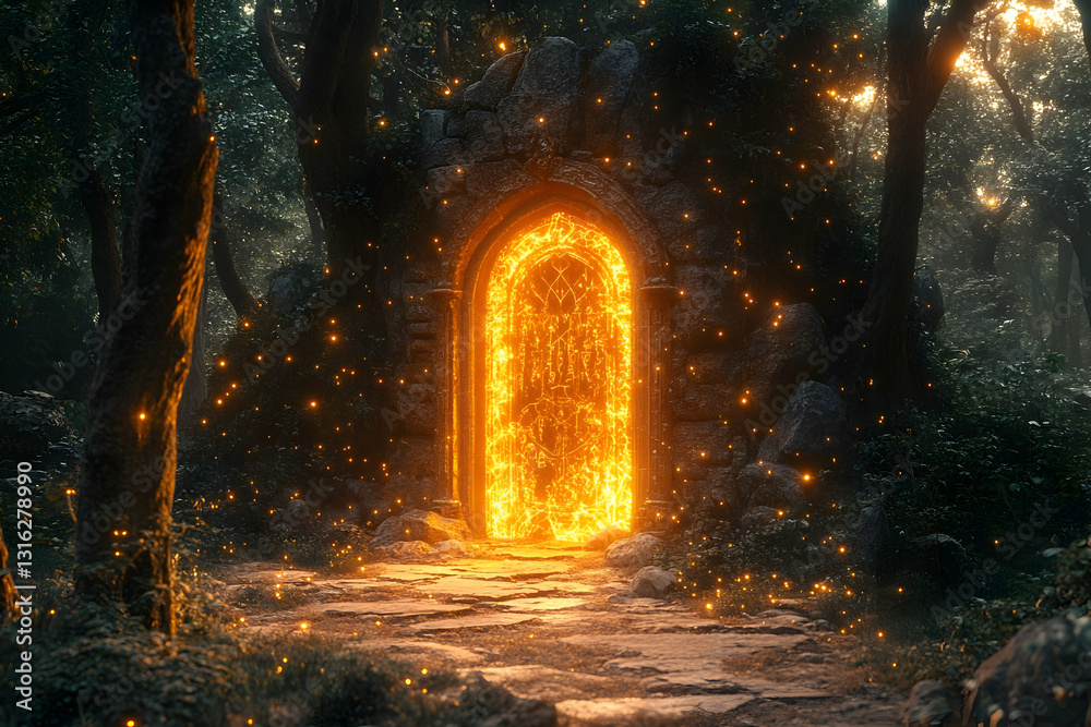 Obraz premium Enchanting stone archway in a mystical forest, glowing with fiery light. A path leads to it, surrounded by magical sparks