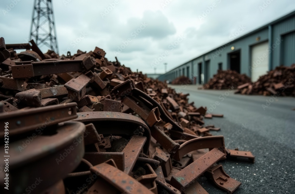 Industrial scrap metal recycling yard with piles of rusted debris under cloudy sky Industrial scrap metal recycling yard with piles of rusted debris under cloudy sky