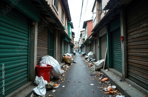 Urban alleyway littered with garbage and overflowing waste bags in a city neighborhood