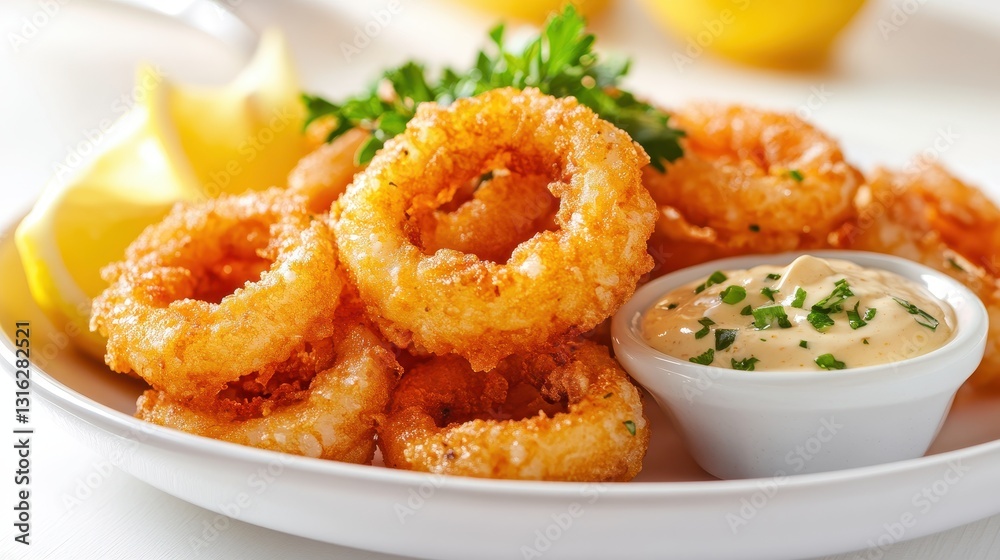 A plate of golden-brown fried calamari rings, their tender flesh punctuated by the vibrant hues of lemon wedges and garlic aioli dipping sauce, rests majestically against a pristine white background, A plate of golden-brown fried calamari rings, their tender flesh punctuated by the vibrant hues of lemon wedges and garlic aioli dipping sauce, rests majestically against a pristine white background,