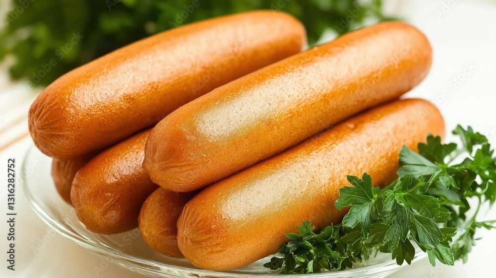 Delicious cooked sausages on clear plate with fresh parsley sprigs on bright white tabletop Delicious cooked sausages on clear plate with fresh parsley sprigs on bright white tabletop