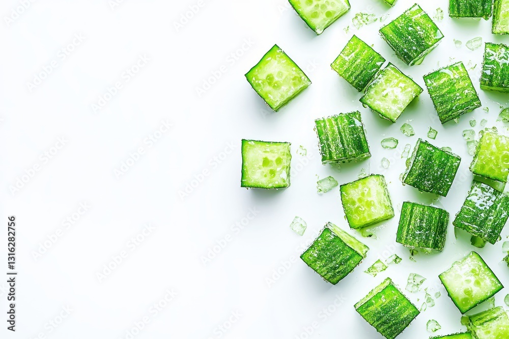 Fresh diced cucumber cubes beautifully arranged on white surface healthy dietary food concept for culinary projects Fresh diced cucumber cubes beautifully arranged on white surface healthy dietary food concept for culinary projects