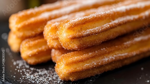 Close-up of sugar-coated churros stacked on a dark plate. Traditional Spanish fried pastry dessert.