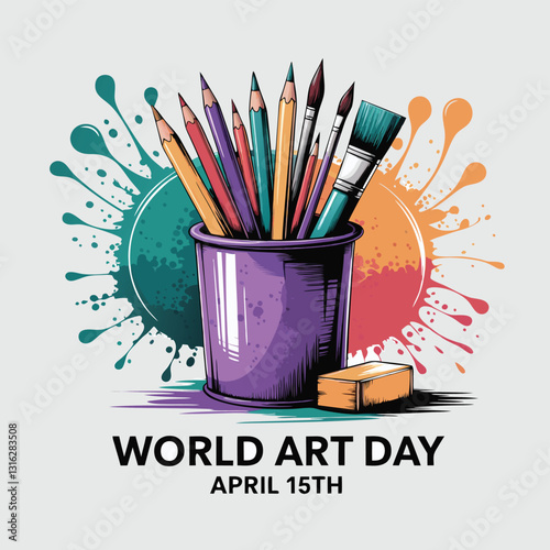 Minimalist Watercolor Illustration of a Blue Cup with Art Supplies for World Art Day
