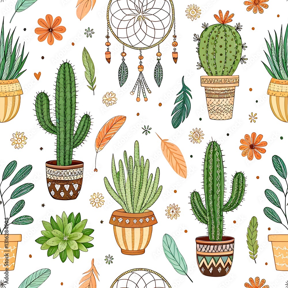 Bohemian cactus succulent potted plants dreamcatcher pattern design art cute home boho white green Bohemian cactus succulent potted plants dreamcatcher pattern design art cute home boho white green