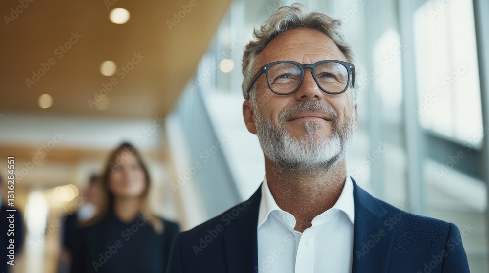 Fototapeta premium Confident businessman reflecting in a modern office setting