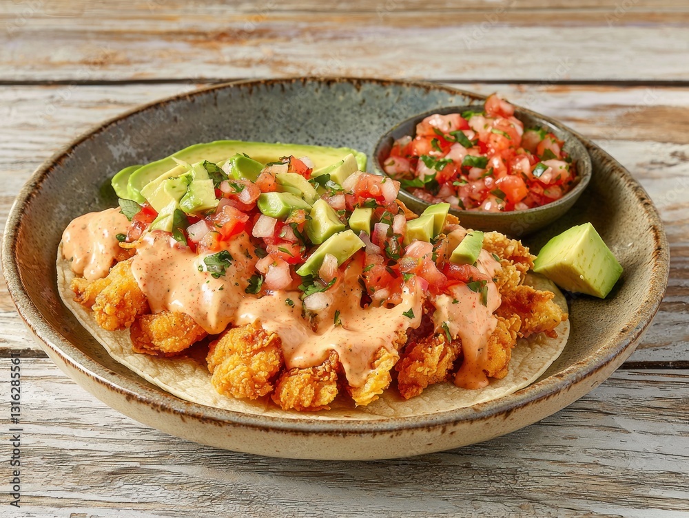 Delicious Shrimp Taco with Avocado and Pico de Gallo on Rustic Wooden Tabletop Culinary Delight Delicious Shrimp Taco with Avocado and Pico de Gallo on Rustic Wooden Tabletop Culinary Delight