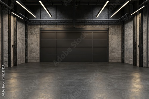 Minimalist industrial space with geometric ceiling design, soft lighting, and empty polished floor, modern and stylish atmosphere