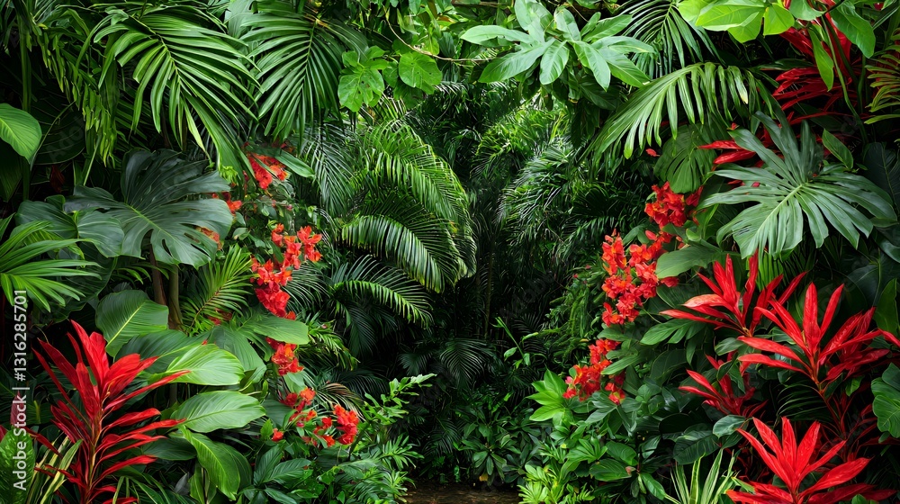 Lush Tropical Rainforest With Red Flowers and Green Leaves Lush Tropical Rainforest With Red Flowers and Green Leaves