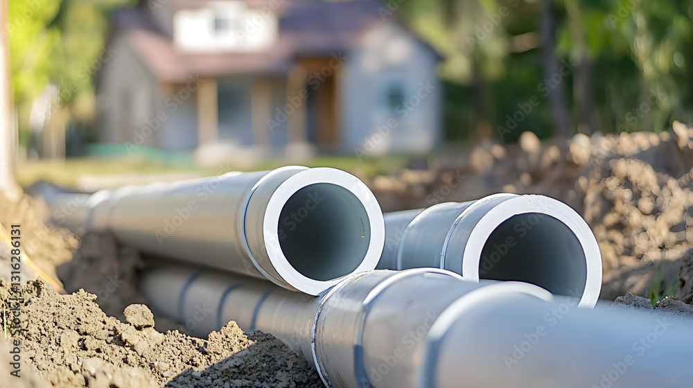 Sewage pipe installation at a construction site with workers assembling pipes and equipment.
Sewage pipe installation at a construction site with workers assembling pipes and equipment.