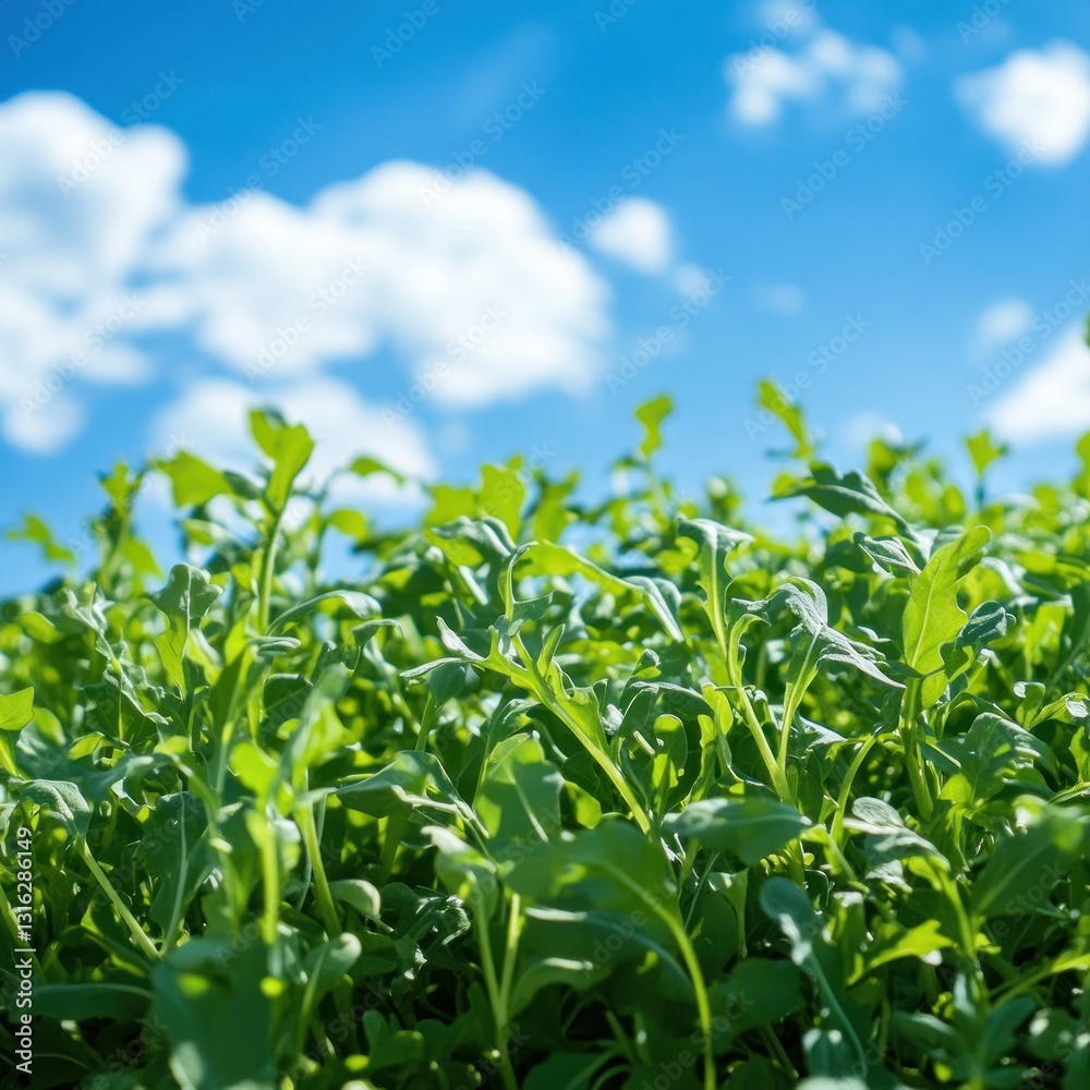 Vibrant arugula field under a bright blue sky with fluffy white clouds creates a beautiful natural scene Vibrant arugula field under a bright blue sky with fluffy white clouds creates a beautiful natural scene