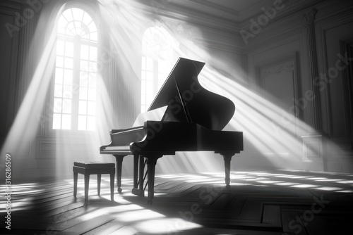Piano keys in a room, with a window and sunlight, black and white in a melody moment