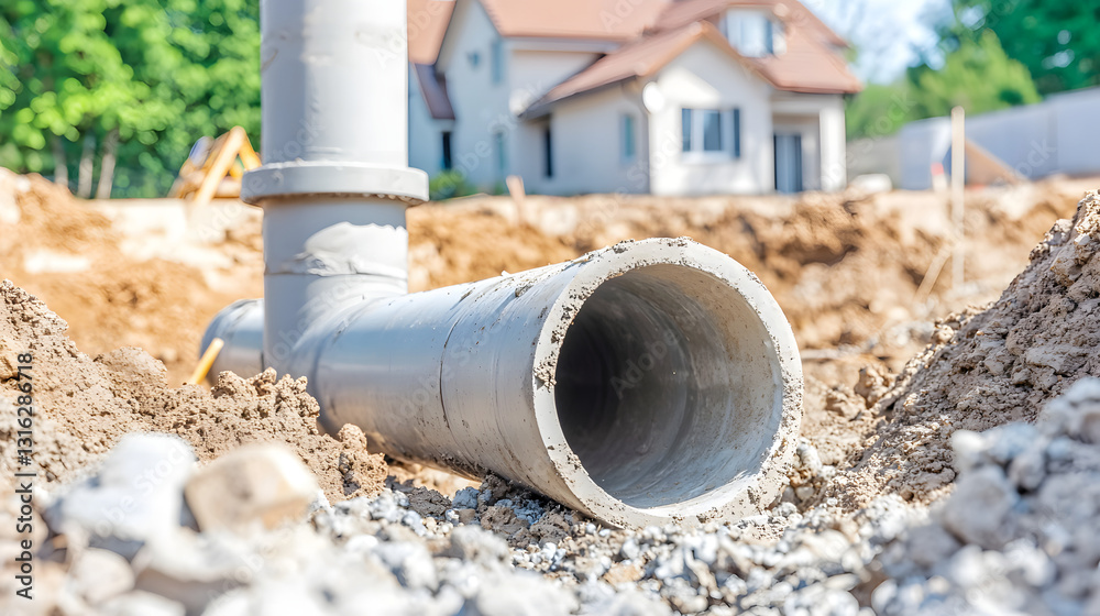 Sewage pipe installation at a construction site with workers assembling pipes and equipment.
Sewage pipe installation at a construction site with workers assembling pipes and equipment.