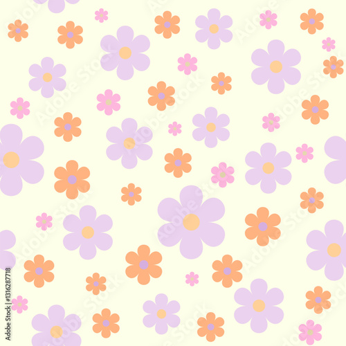 A bright floral pattern with a cream background. Flowers of three colors - lilac, orange and pink, are scattered evenly. The sizes of the flowers vary, creating a playful and cheerful composition. 