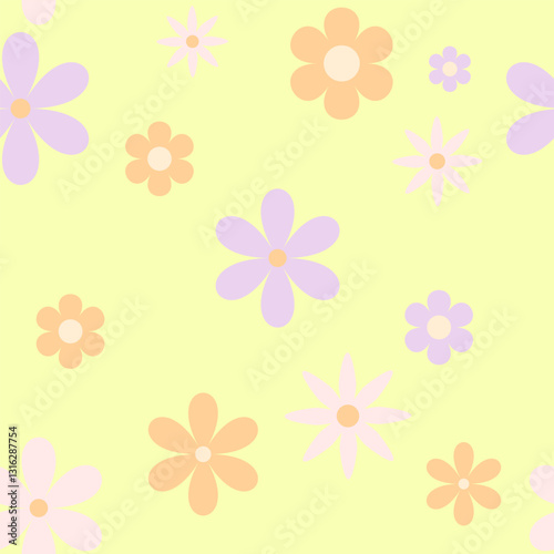 The pattern is delicate and minimalistic. The background is creamy, the flowers are pastel shades lilac, peach and pale pink. There are classic round flowers and a couple of elongated ones, more wild 
