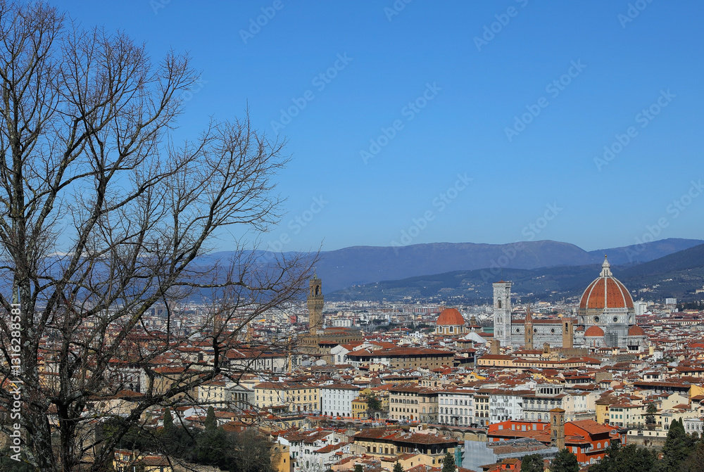 Obraz premium florence breathtaking view palazzo vecchio giottos bell tower and duomo dominate the skyline between a tree