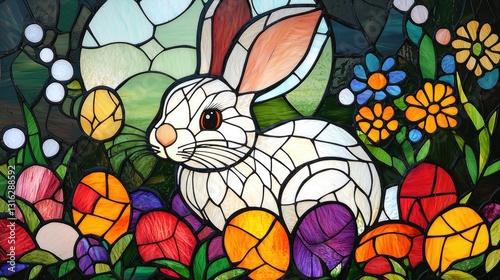 A colorful stained glass depiction of a rabbit among vibrant flowers and Easter eggs, showcasing intricate designs and spring themes.