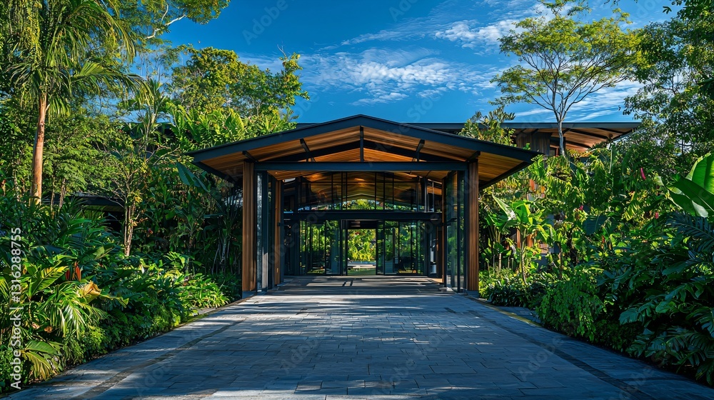 Modern Luxury Home Entrance with Clean Lines, Surrounded by Greenery, Under a Clear Blue Sky, Minimalistic and Serene Design. Modern Luxury Home Entrance with Clean Lines, Surrounded by Greenery, Under a Clear Blue Sky, Minimalistic and Serene Design.
