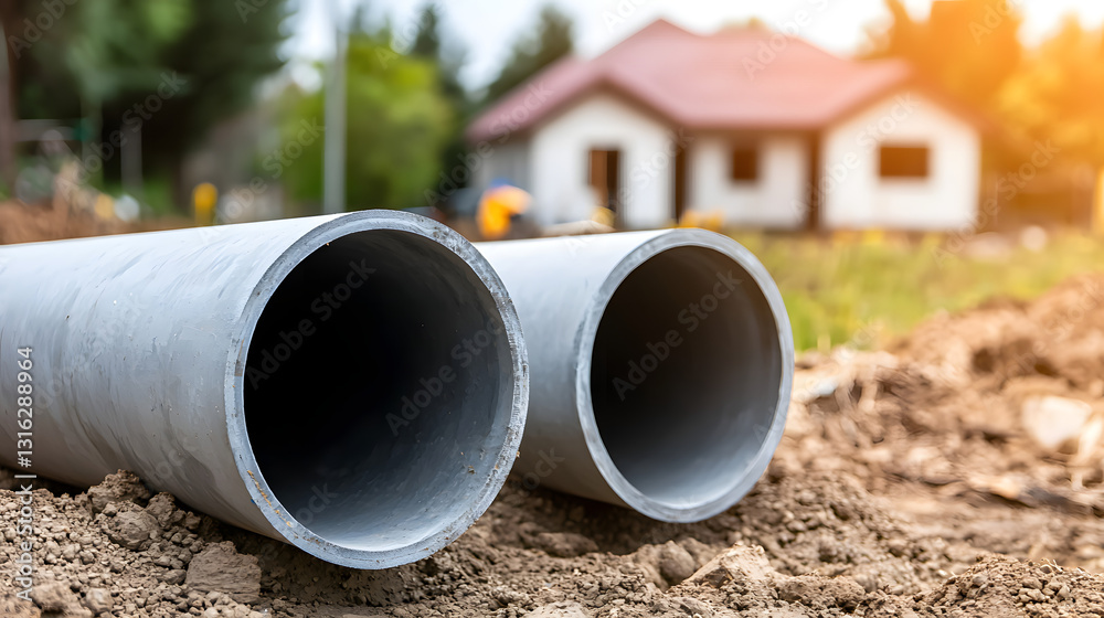Sewage pipe installation at a construction site with workers assembling pipes and equipment.
Sewage pipe installation at a construction site with workers assembling pipes and equipment.