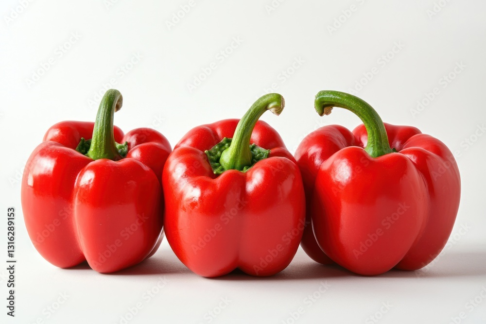 Trio of Fresh Red Bell Peppers Displayed in Crisp White Background for Culinary Presentation Trio of Fresh Red Bell Peppers Displayed in Crisp White Background for Culinary Presentation