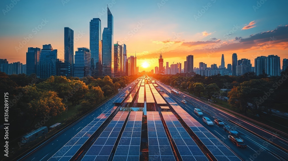 Fototapeta premium A vibrant city skyline at sunset with solar panels on rooftops and electric cars on the road