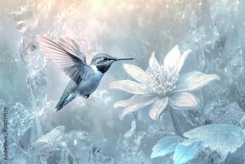 A hummingbird hovering near an ice-covered flower in a winter garden.