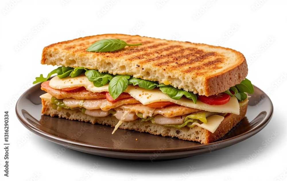A grilled turkey panini with melted cheese and basil, served on a white plate A grilled turkey panini with melted cheese and basil, served on a white plate