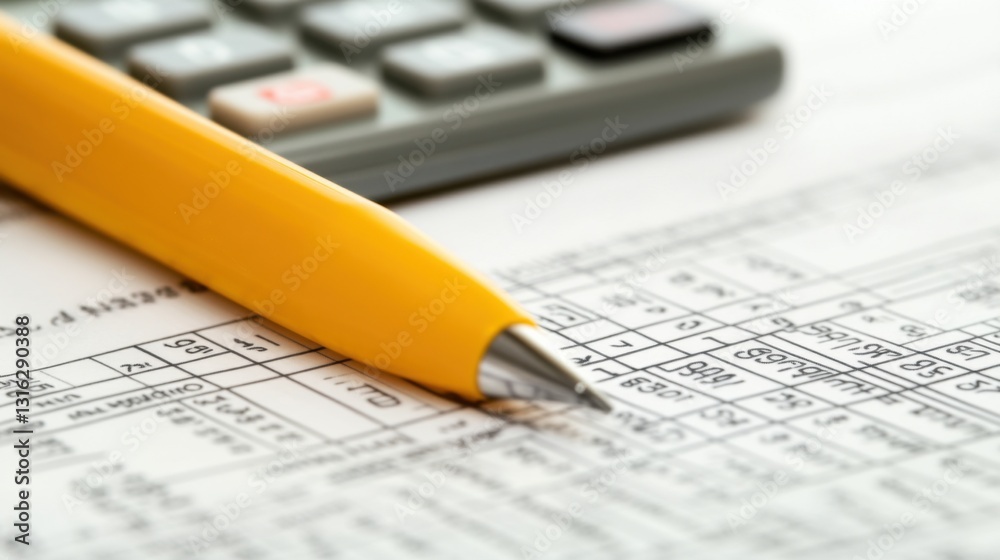 Yellow Pen and Calculator on Financial Document for Accounting Tasks Yellow Pen and Calculator on Financial Document for Accounting Tasks