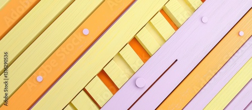 3D maze of wooden slats in pastel yellow and lilac, with orange highlights, diagonal shot.