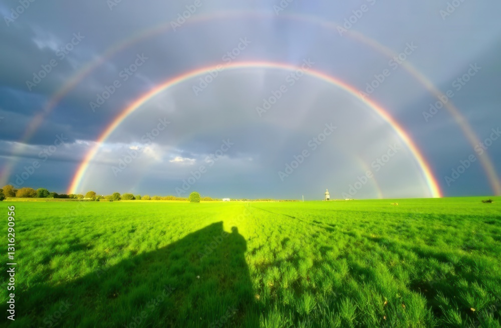Naklejka premium Bright double rainbow over lush green field under cloudy skies