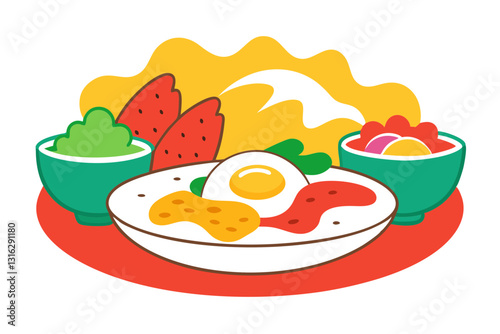 Delicious Mexican Chilaquiles with Salsa Roja, Eggs & Queso Fresco Vector Illustration