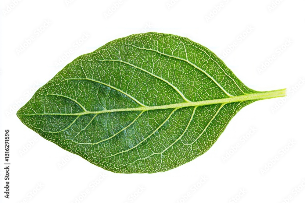 Obraz premium Fresh Vibrant Green Leaf on White Backdrop Capturing Detailed Veins and Natural Elegance Isolated for Design