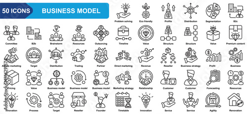 Business model collection icon set. Problem solving, Profits, Distribution, Segmentation, Comittee, Brainstorm, Resources, Value, structure. Simple line vector.