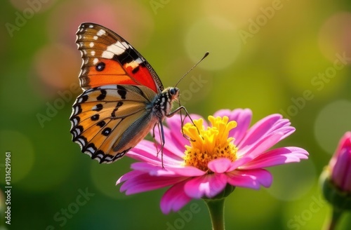Wallpaper Mural Vibrant orange butterfly on pink flower in sunlit garden closeup Torontodigital.ca