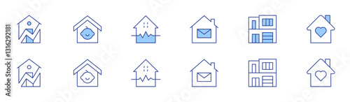 Home icon set in two styles, Duotone and Thin Line style. Editable stroke. house, working at home, modern house, child, earthquake, home