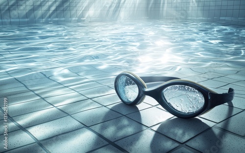 Blue swim goggles resting on a tiled pool deck, with rippling water and sunlight streaming through a glass roof, lenses fogged in a swimming preparation moment