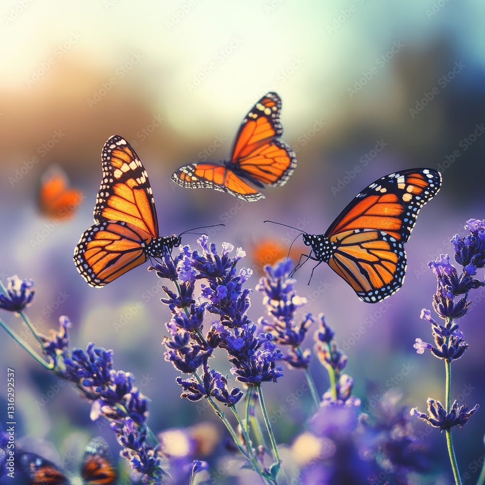 Obraz premium Colorful butterflies on blooming lavender flowers.