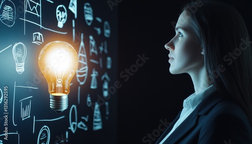 Businesswoman gazing at a glowing lightbulb surrounded by hand-drawn business strategy sketches on a dark background, innovation concept