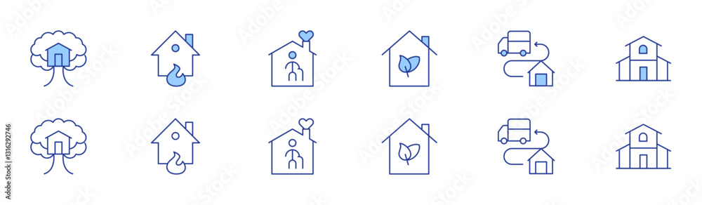 Home icon set in two styles, Duotone and Thin Line style. Editable stroke. tree house, home insurance, green house, nursing home, fulfilment, house Home icon set in two styles, Duotone and Thin Line style. Editable stroke. tree house, home insurance, green house, nursing home, fulfilment, house
