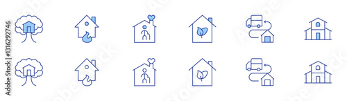 Home icon set in two styles, Duotone and Thin Line style. Editable stroke. tree house, home insurance, green house, nursing home, fulfilment, house