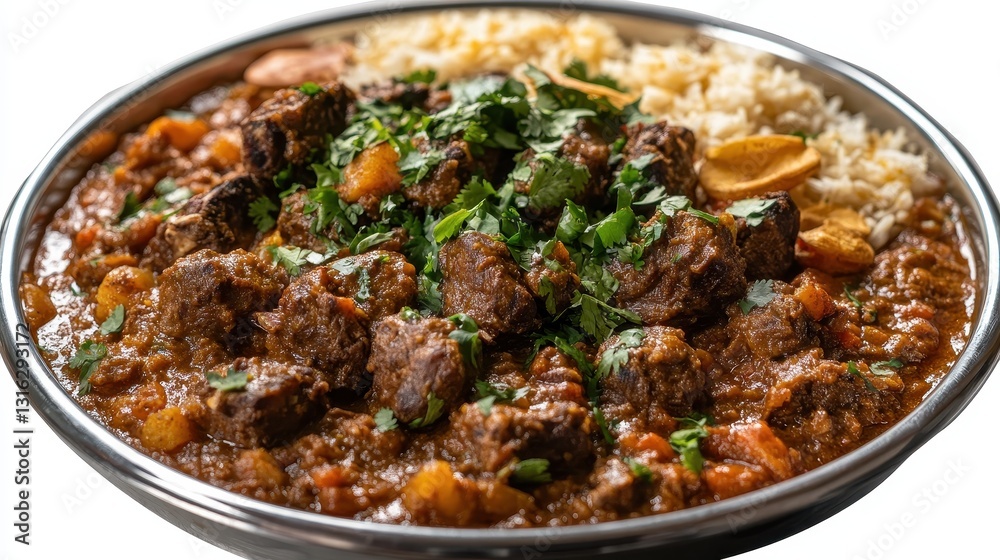 A round stainless steel plate, the centerpiece, cradles the vibrant tapestry of a traditional and authentic Maharashtrian mutton thali. A rich, spicy mutton rassa (mutton curry) with tender, A round stainless steel plate, the centerpiece, cradles the vibrant tapestry of a traditional and authentic Maharashtrian mutton thali. A rich, spicy mutton rassa (mutton curry) with tender,