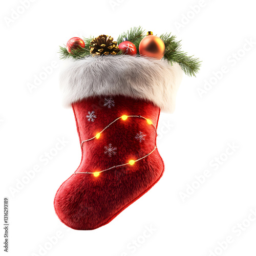 A Fluffy 3D Cartoon Christmas Stocking with Lights and Decorations Isolated on Transparent Background